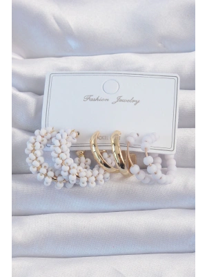 Gold Renk Lila Boncuklu Halka Küpe Seti