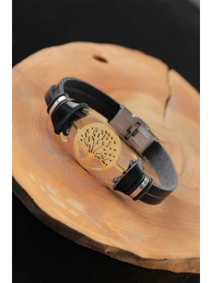 Gold Renk Metal Ağaçlı Tasarım Siyah Renk Deri Erkek Bileklik