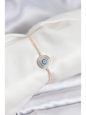 Gold Renk Nazar Model Zirkon Taşlı Asansörlü Su Yolu Bileklik