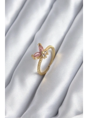 Gold Renk Pembe Zirkon Taşlı Kelebek Model Kadın Yüzük