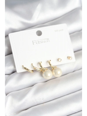 Gold Renk Pirinç 925 Ayar Gümüş Çivili Kadın Küpe Seti