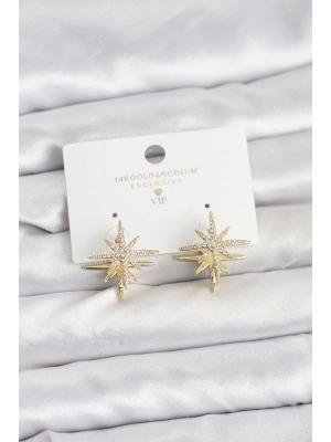 Gold Renk Pirinç Çift Taraflı Kutup Yıldızı Kadın Küpe