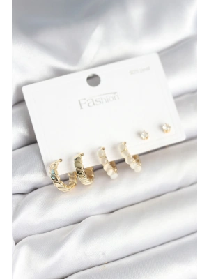 Gold Renk Pirinç Halka 925 Ayar Gümüş Çivili Kadın Küpe Seti