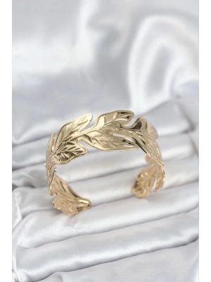 Gold Renk Pirinç Levha Yaprak Model Kadın Bileklik