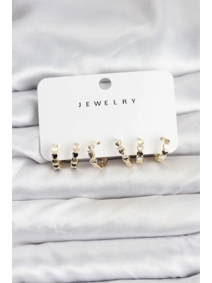 Gold Renk Pirinç Minimal Kalp Detaylı Kadın Küpe Seti