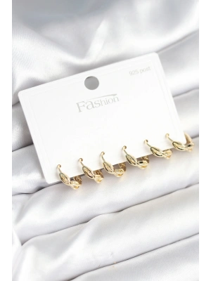 Gold Renk Pirinç Sarmal Model 925 Ayar Gümüş Çivili Kadın Küpe Seti