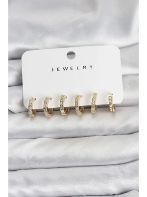 Gold Renk Pirinç Zirkon Taşlı Halka Kadın Küpe Seti