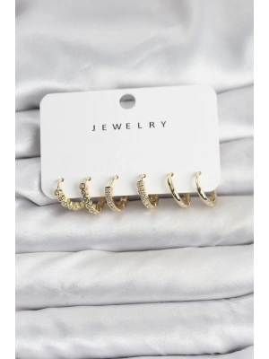 Gold Renk Pirinç Zirkon Taşlı Kadın Küpe Seti