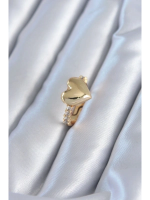 Gold Renk Pirinç Zirkon Taşlı Kalp Model Kadın Yüzük