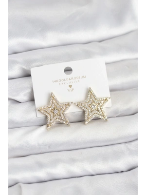 Gold Renk Pirinç Zirkon Taşlı Yıldız Model Kadın Küpe