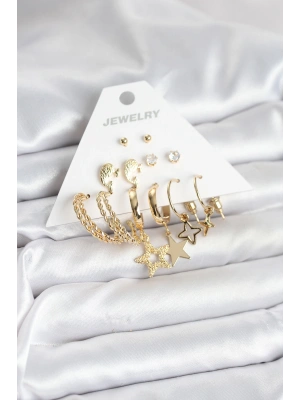 Gold Renk Yıldızlı Set 6 Çift Kadın Küpe Seti