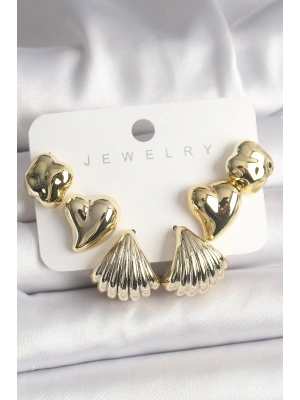 Gold Renk Yonca Kalp Deniz Kabuğu Figür CCB Kadın Küpe Seti