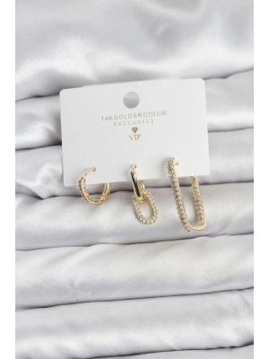 Gold Renk Zirkon Taşlı 3lü Kadın Küpe Seti