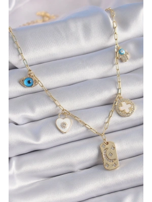 Gold Renk Zirkon Taşlı Çoklu Figür Model Şans Kolyesi