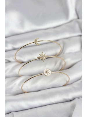 Gold Renk Zirkon Taşlı Kutup Yıldızı Model 3lü Kadın Bileklik Kombini