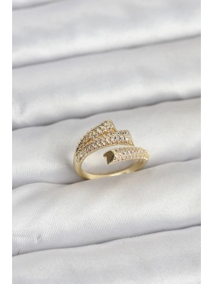 Gold Renk Zirkon Taşlı Pirinç Kadın Yüzük