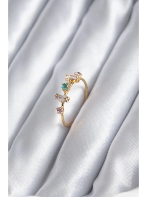 Gold Renk Zirkon Taşlı Renkli Zirkon Taşlı Kadın Yüzük