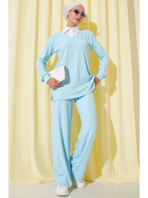 Gömlek Yaka Fitilli Salaş İkili Takım Buz Mavisi T4300