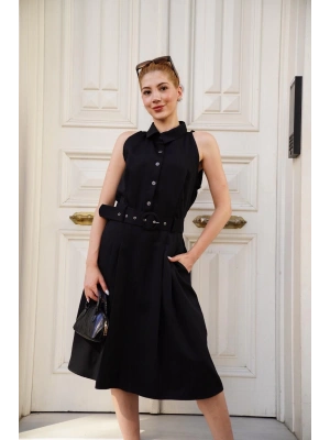 Gömlek yaka kemerli elbise siyah s255061