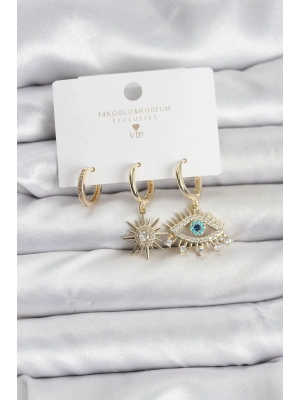 Göz Model Gold Renk Pirinç 3lü Kadın Küpe Seti