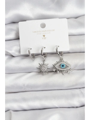 Göz Model Gümüş Renk Pirinç 3lü Kadın Küpe Seti