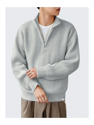 Gri Erkek Oversize Fermuarlı Balıkçı Triko Kazak