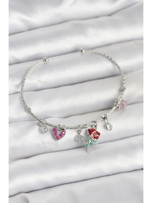 Gül Charmlı Gümüş Renk Pirinç Kadın Bileklik