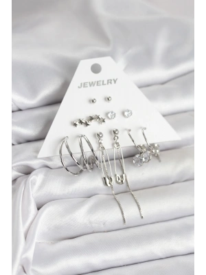 Gümüş Renk 6lı Pirinç Küpe Seti