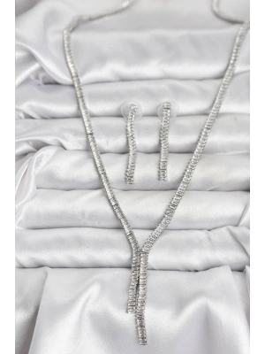 Gümüş Renk Baget Zirkon Taşlı Kadın Kolye Küpe Set