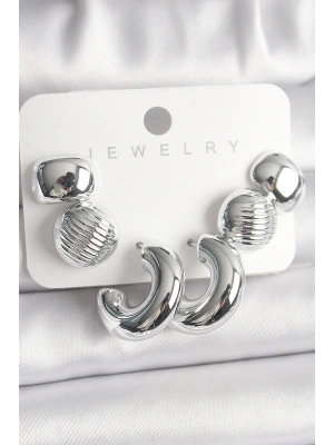 Gümüş Renk İşlemeli Daire Halka Model CCB Platik Kadın Küpe Seti