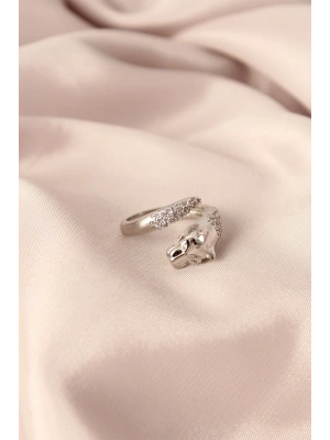 Gümüş Renk Metal Zirkon Taşlı Kaplan Model Ayarlanabilir Kadın Yüzük