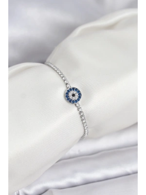 Gümüş Renk Nazar Model Zirkon Taşlı Asansörlü Su Yolu Bileklik