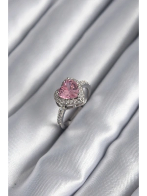 Gümüş Renk Pembe Zirkon Taşlı Charm Kalp Model Kadın Yüzük