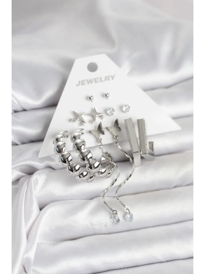 Gümüş Renk Pirinç 6lı Kadın Küpe Seti