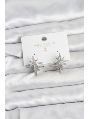 Gümüş Renk Pirinç Çift Taraflı Kutup Yıldızı Kadın Küpe