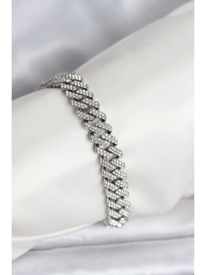 Gümüş Renk Pirinç Cuba Chain Gurmet Bileklik