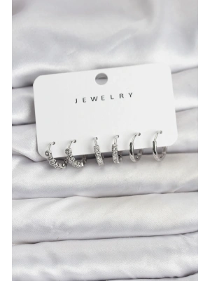 Gümüş Renk Pirinç Zirkon Taşlı Kadın Küpe Seti