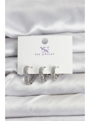 Gümüş Renk Pirinç Zirkon Taşlı Kalpli Kadın Küpe