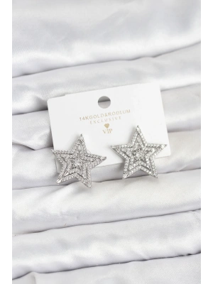 Gümüş Renk Pirinç Zirkon Taşlı Yıldız Model Kadın Küpe