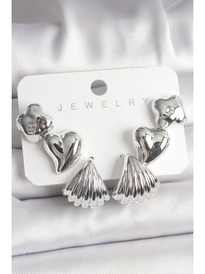 Gümüş Renk Yonca Kalp Deniz Kabuğu Figür CCB Kadın Küpe Seti