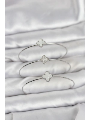 Gümüş Renk Yonca Model Zirkon Taşlı 3lü Kadın Bileklik Kombini