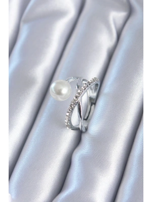 Gümüş Renk Zirkon Taşlı İncili Kadın Yüzük