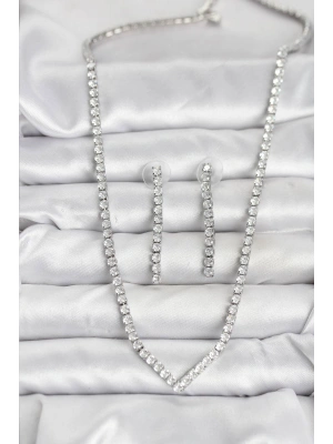 Gümüş Renk Zirkon Taşlı Kadın Kolye Küpe Seti