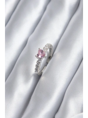 Gümüş Renk Zirkon Taşlı Pembe Kristal Kalp Model Kadın Yüzük