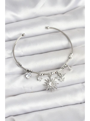 Güneş Charmlı Gümüş Renk Pirinç Kadın Bileklik