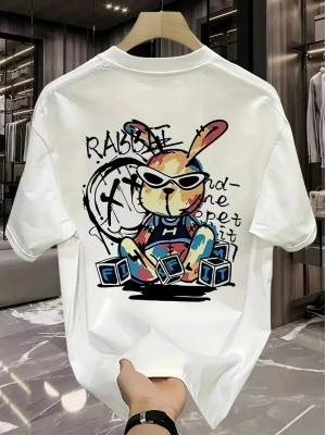 Güneş Gözlüğü Grafikli Karikatür Tavşan Oversize Kısa Kollu Tişört Çift Tişört, İlkbahar Ve Yaz - Beyaz