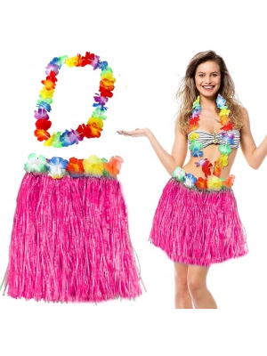 Hawaii Luau Aloha Pembe Püsküllü 40 cm Etek ve Hawaii Kolye Seti
