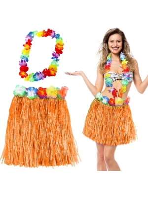 Hawaii Luau Aloha Turuncu Püsküllü 40 cm Etek ve Hawaii Kolye Seti