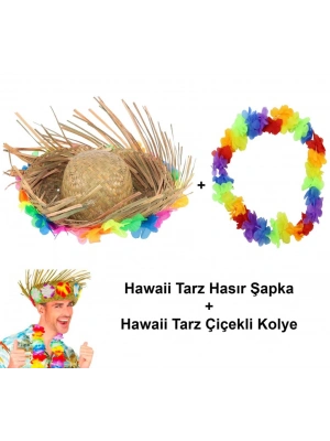Hawaii Tarzı Tropikal Çiçekli Hasır Şapka ve Çiçekli Hawaii Kolye