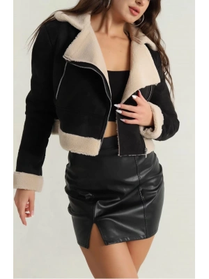 İçi kürklü dışı süet kısa kaban siyah t1186
